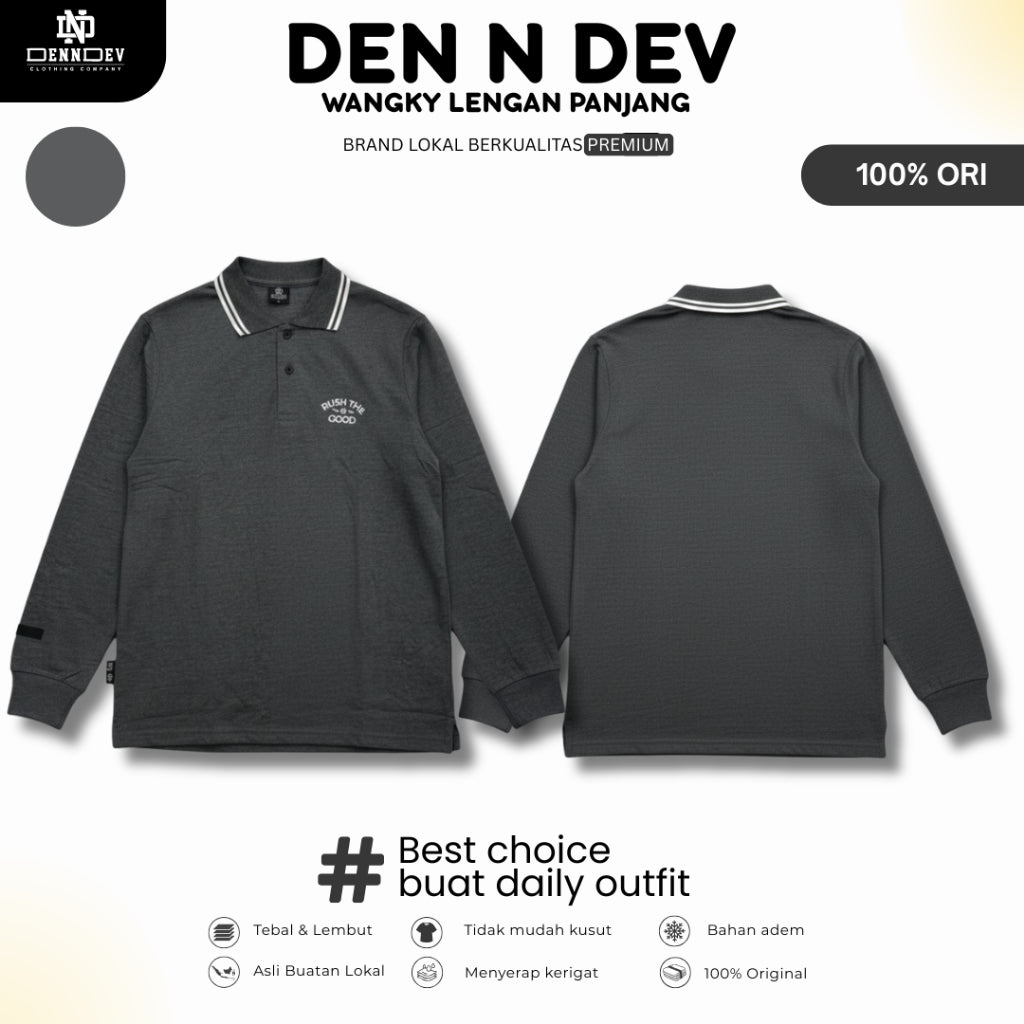 DEN N DEV | Kaos Wangky Lengan Panjang Katun 20s Kerah List Simpel Nyaman Dipakai