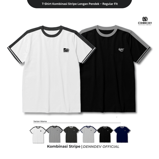 DEN N DEV | T-Shirt Kombinasi Stripe Lengan Kaos Distro Pria Wanita Cotton Tebal Asli Lokal