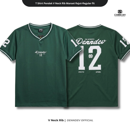 DEN N DEV - T Shirt Pendek Motif Angka V Neck Rib Manset Rajut