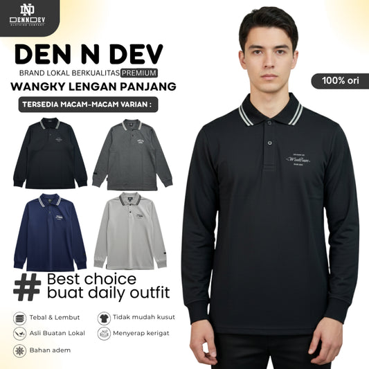 DEN N DEV | Kaos Wangky Lengan Panjang Katun 20s Kerah List Simpel Nyaman Dipakai