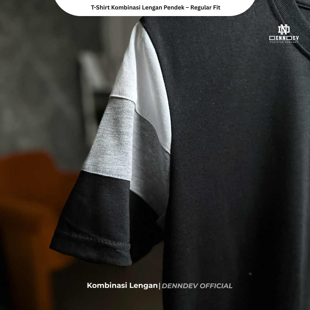 DEN N DEV | Kaos Lengan Pendek Kombinasi Lengan 3 Warna Patchbordir Logo Simpel Bahan Katun