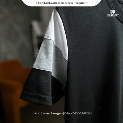 DEN N DEV | Kaos Lengan Pendek Kombinasi Lengan 3 Warna Patchbordir Logo Simpel Bahan Katun