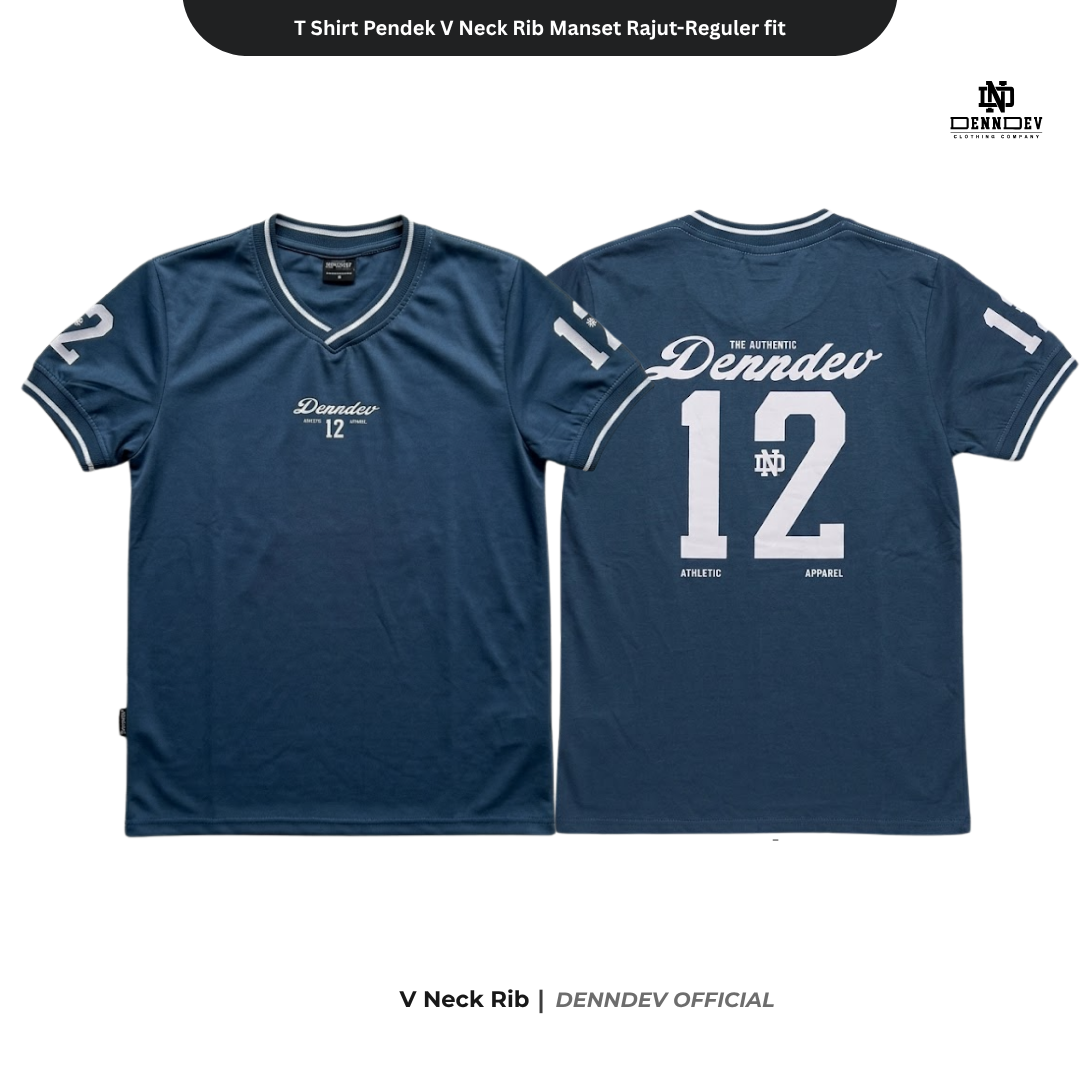 DEN N DEV - T Shirt Pendek Motif Angka V Neck Rib Manset Rajut