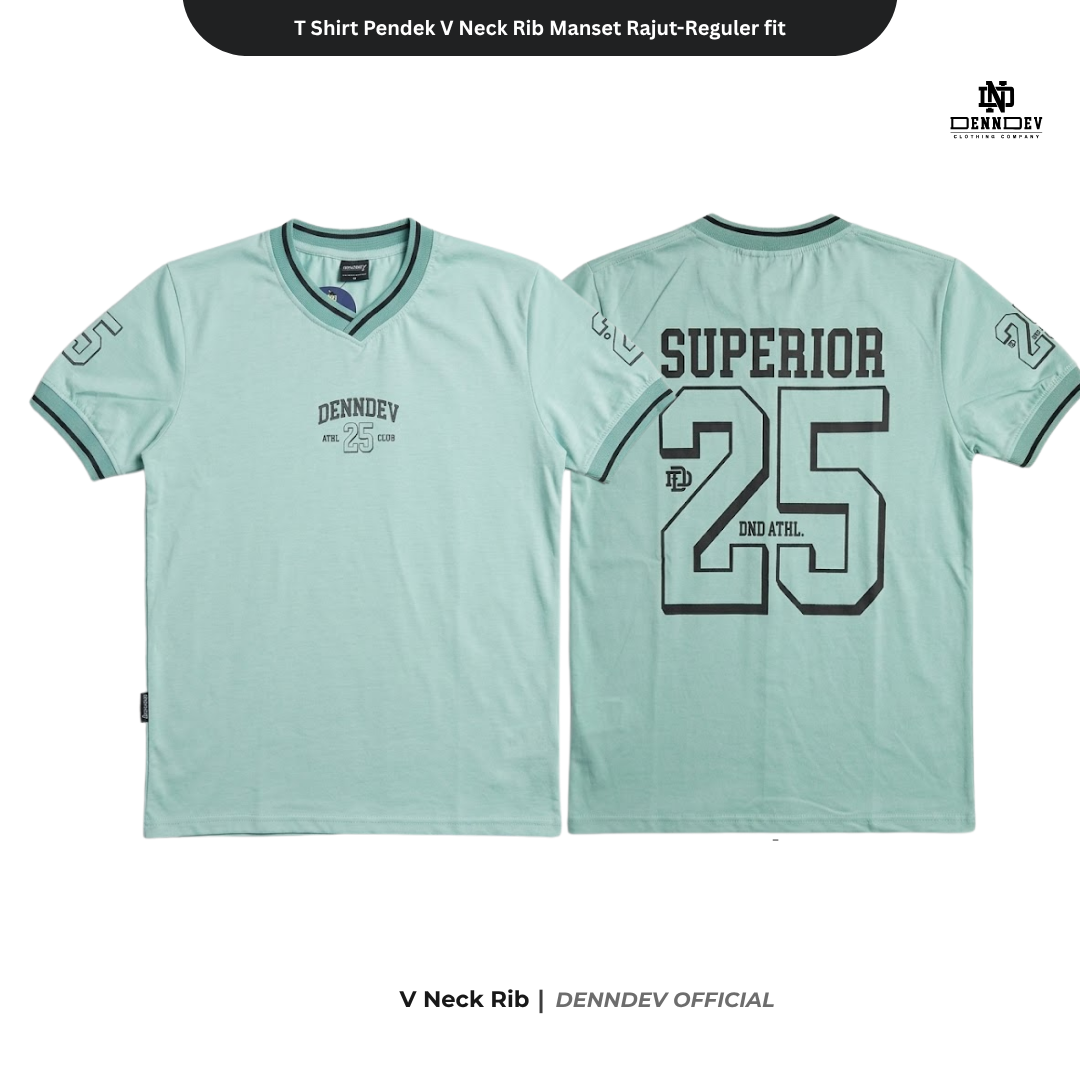 DEN N DEV - T Shirt Pendek Motif Angka V Neck Rib Manset Rajut