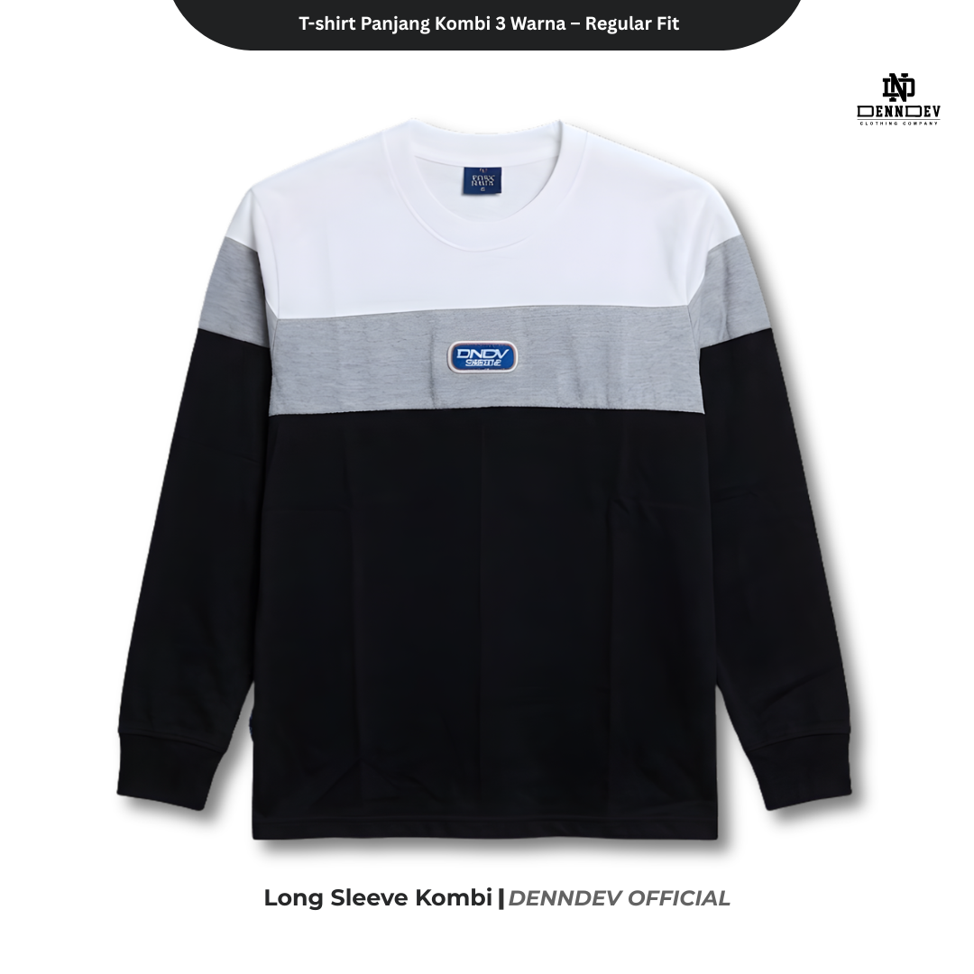 DEN N DEV | T-Shirt Panjang Kombinasi Pria Patch Bordir | Katun 20s Tebal & Adem