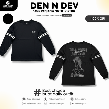 DEN N DEV | Kaos Lengan Panjang Double Stripe Lengan Motif Distro Unisex