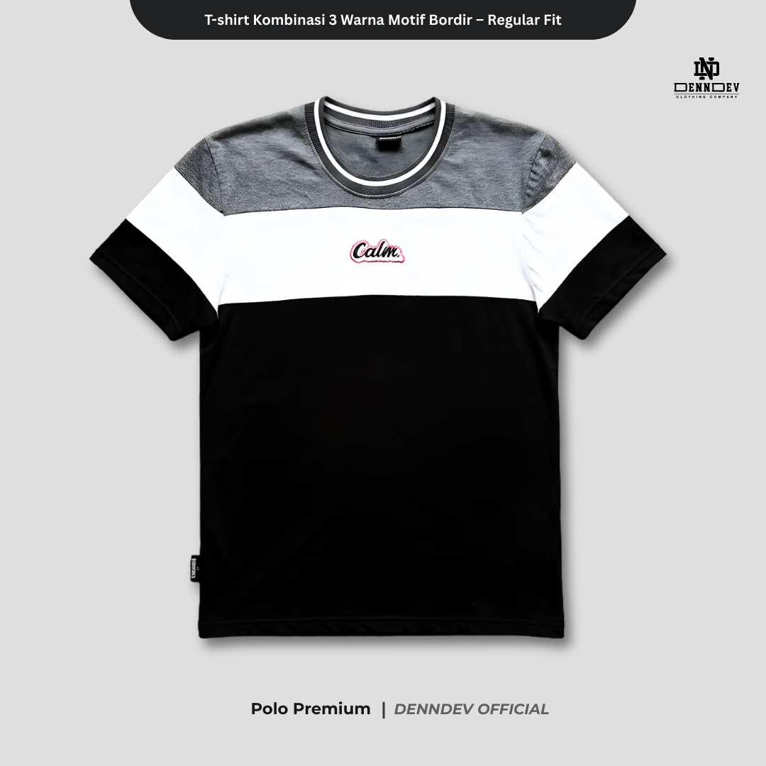 DEN N DEV | Kaos Unisex Kombinasi 3 Warna Logo Bordir | T-Shirt Blok Warna Kasual Pria Wanita