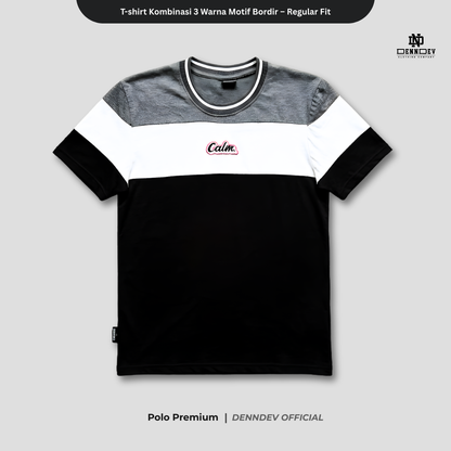 DEN N DEV | Kaos Unisex Kombinasi 3 Warna Logo Bordir | T-Shirt Blok Warna Kasual Pria Wanita