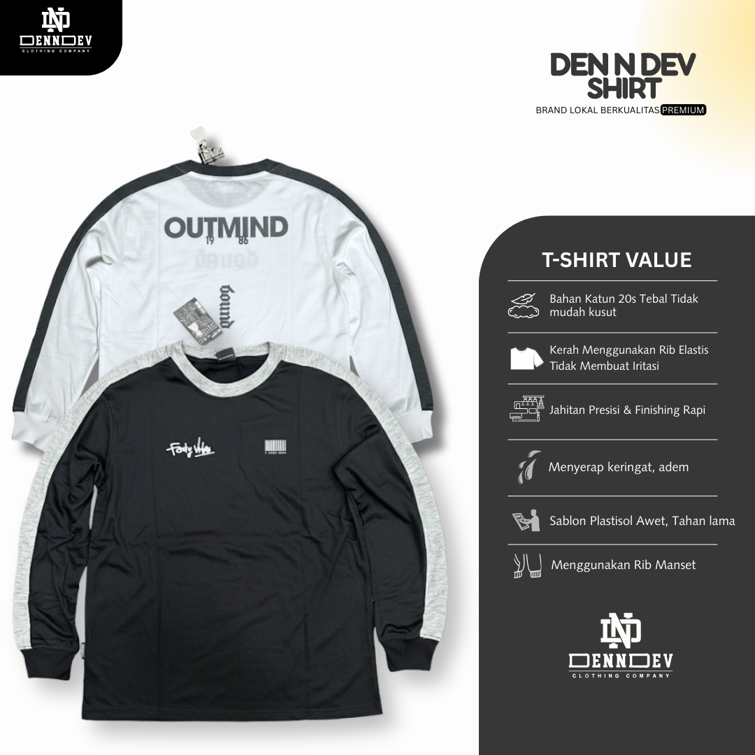 DEN N DEV Kaos Panjang Kombinasi Stripe | Long Sleeve Unisex | Baju Distro Lokal Premium