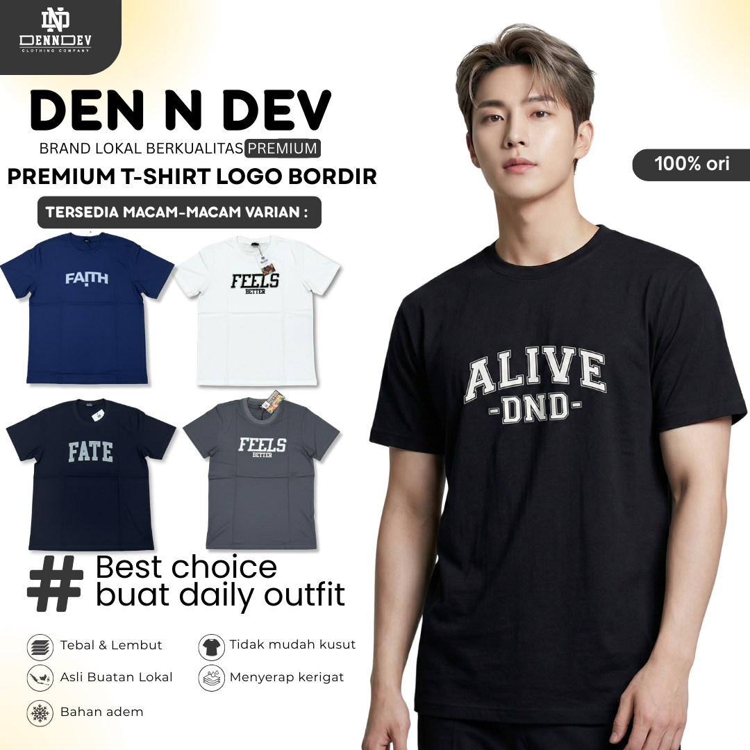 DEN N DEV | Kaos Bordir Lengan Pendek Logo Tulisan | Cotton Combed 24s Tebal Lembut & Adem