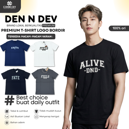 DEN N DEV | Kaos Bordir Lengan Pendek Logo Tulisan | Cotton Combed 24s Tebal Lembut & Adem