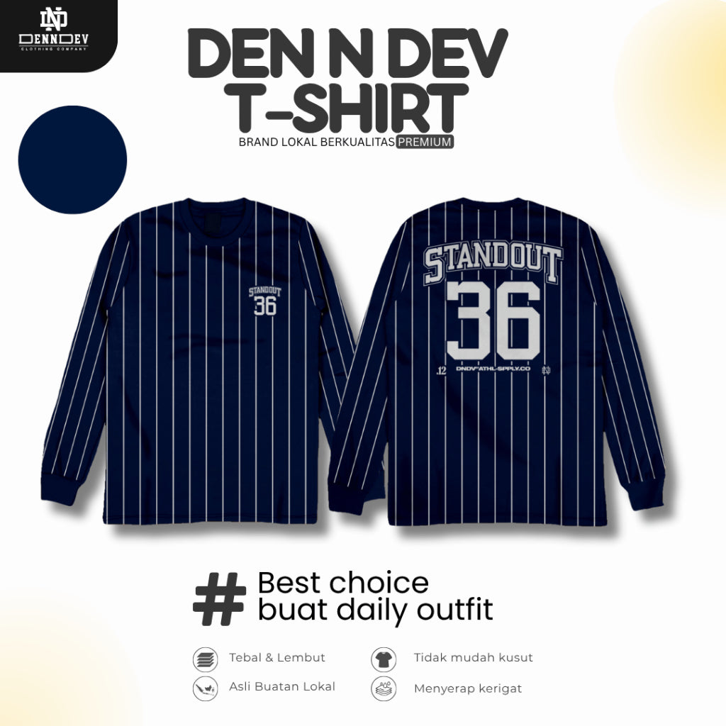 DEN N DEV - Kaos Lengan Panjang Garis Pria Katun 20s | T-Shirt Baseball Style DEN N DEV