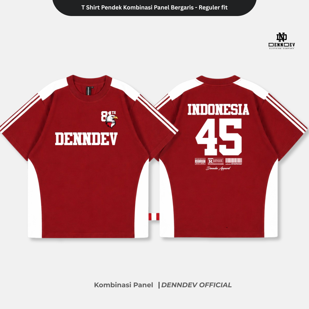 DENNDEV Kaos Lengan Pendek Kombinasi Panel Bergaris Indonesia 45 - Edisi Kemerdekaan HUT RI