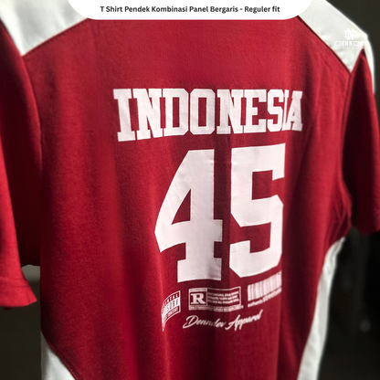 DENNDEV Kaos Lengan Pendek Kombinasi Panel Bergaris Indonesia 45 - Edisi Kemerdekaan HUT RI