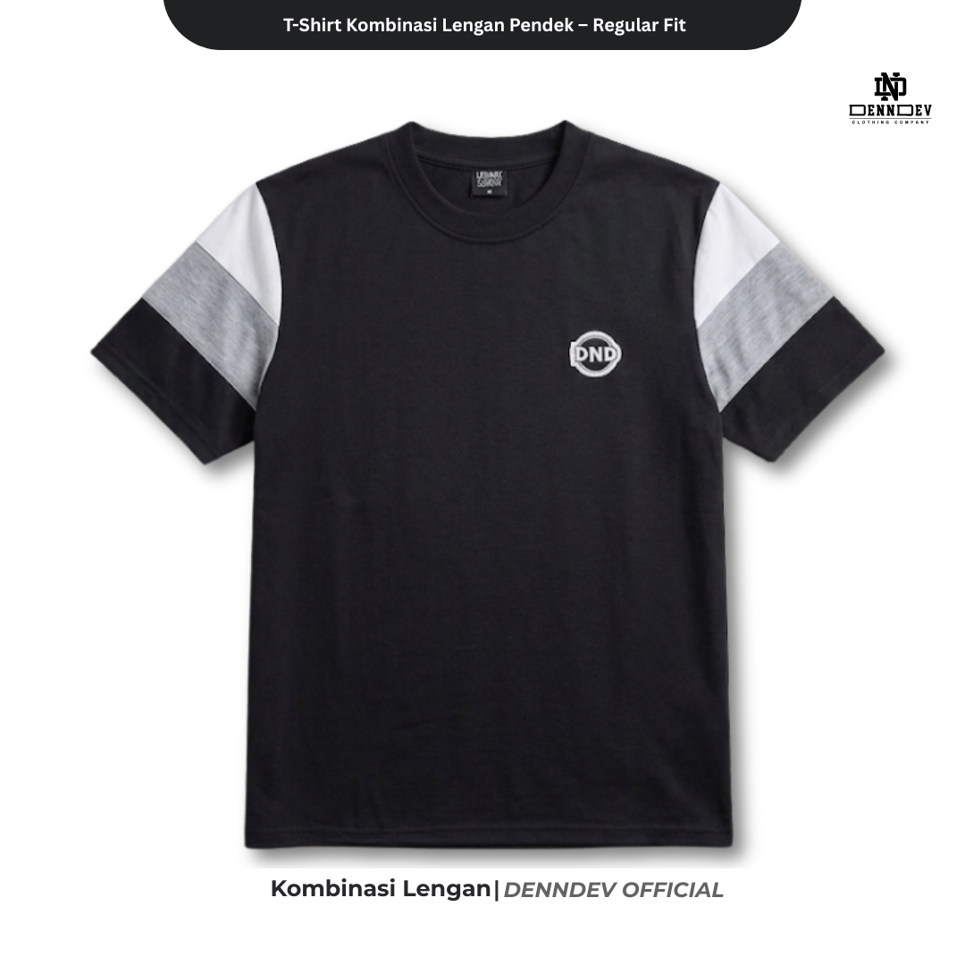 DEN N DEV | Kaos Lengan Pendek Kombinasi Lengan 3 Warna Patchbordir Logo Simpel Bahan Katun