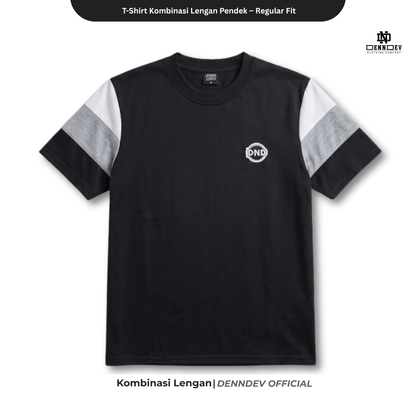 DEN N DEV | Kaos Lengan Pendek Kombinasi Lengan 3 Warna Patchbordir Logo Simpel Bahan Katun