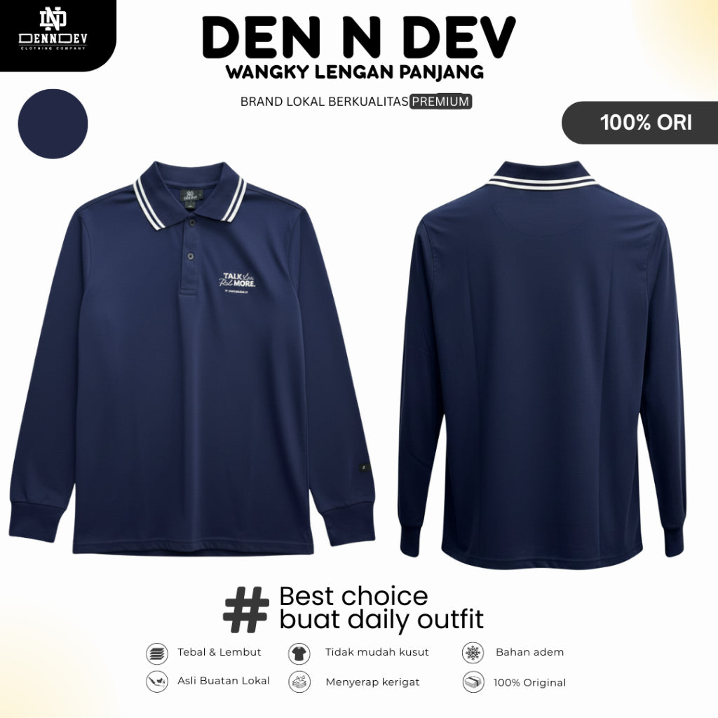 DEN N DEV | Kaos Wangky Lengan Panjang Katun 20s Kerah List Simpel Nyaman Dipakai