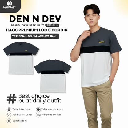 DEN N DEV | Kaos Kombinasi Lengan Pendek Logo Bordir | Cotton Combed 24s Adem & Nyaman