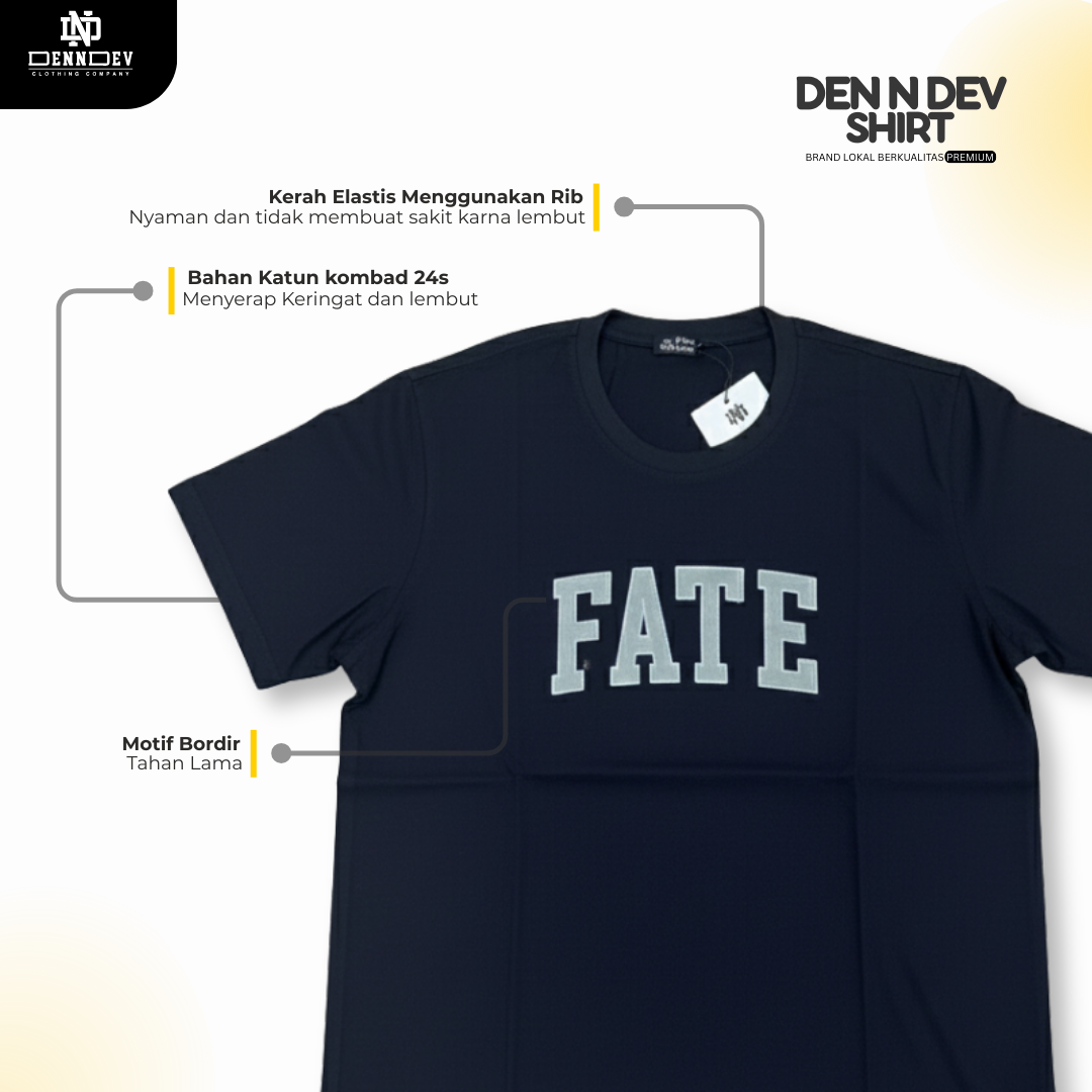 DEN N DEV | Kaos Bordir Lengan Pendek Logo Tulisan | Cotton Combed 24s Tebal Lembut & Adem