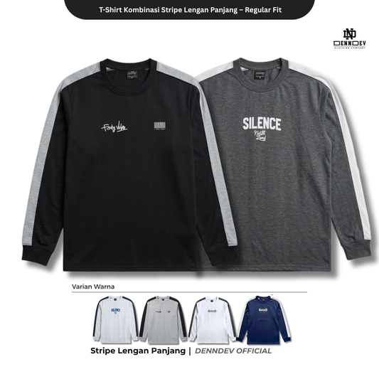 Kaos Panjang Kombinasi Stripe DEN N DEV | Long Sleeve Unisex | Baju Distro Lokal Premium