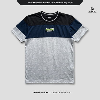 DEN N DEV | Kaos Unisex Kombinasi 3 Warna Logo Bordir | T-Shirt Blok Warna Kasual Pria Wanita