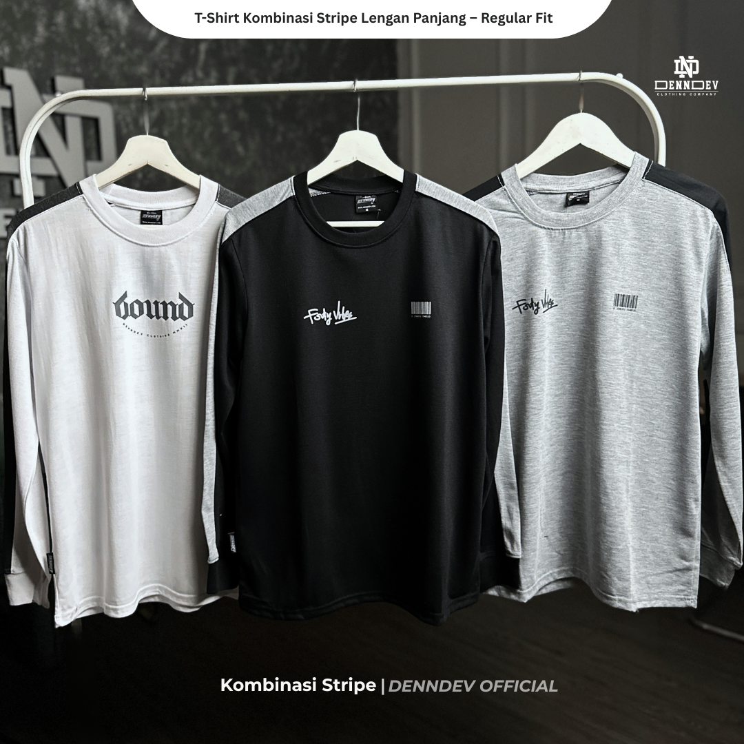 Kaos Panjang Kombinasi Stripe DEN N DEV | Long Sleeve Unisex | Baju Distro Lokal Premium