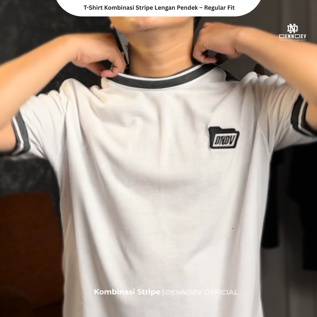 DEN N DEV | T-Shirt Kombinasi Stripe Lengan Kaos Distro Pria Wanita Cotton Tebal Asli Lokal