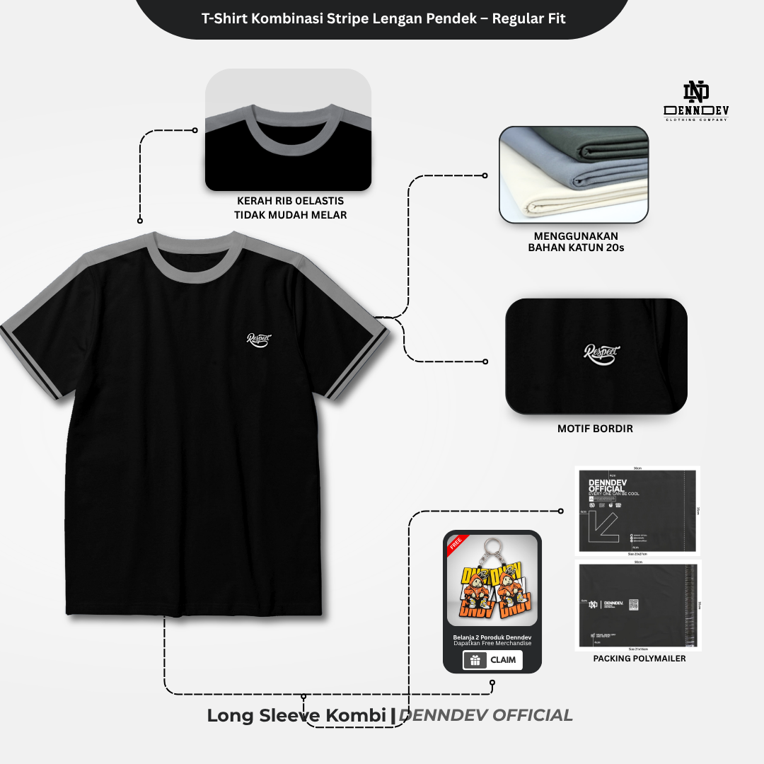 DEN N DEV | T-Shirt Kombinasi Stripe Lengan Kaos Distro Pria Wanita Cotton Tebal Asli Lokal