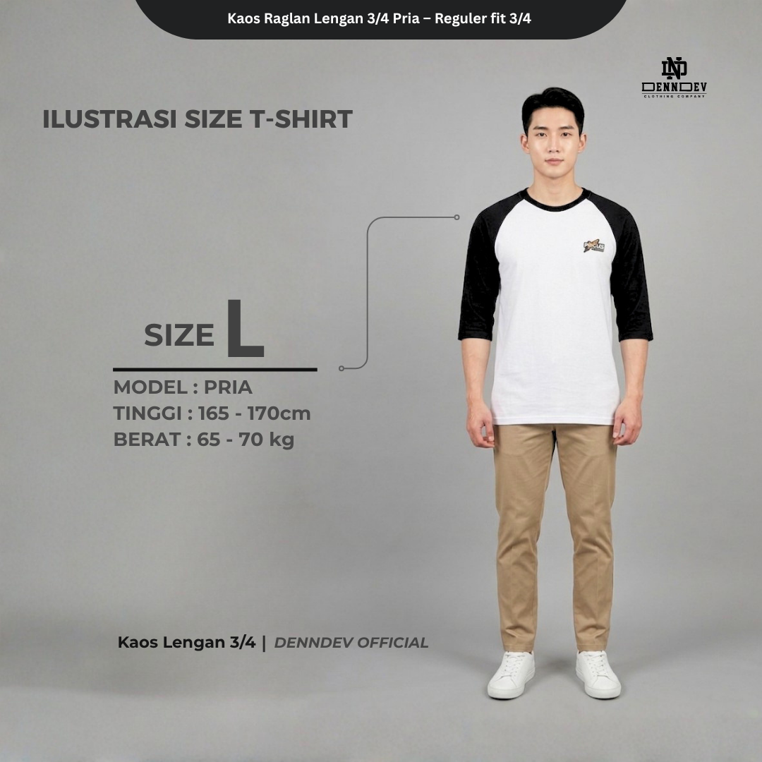 DEN N DEV - Kaos Raglan Lengan 3/4 Pria Katun 20s – Nyaman, Stylish & Tahan Lama