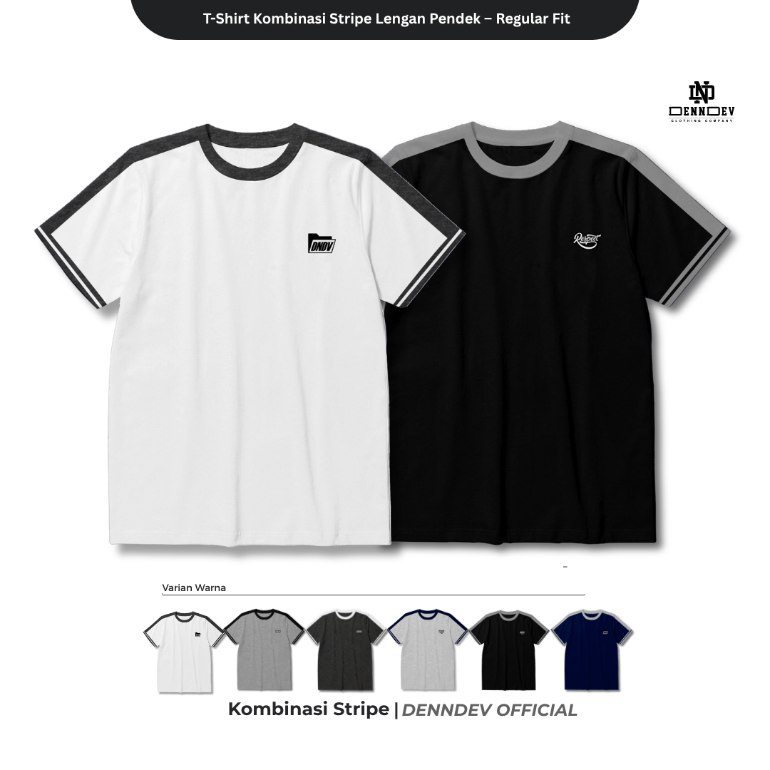 DEN N DEV | T-Shirt Kombinasi Stripe Lengan Kaos Distro Pria Wanita Cotton Tebal Asli Lokal
