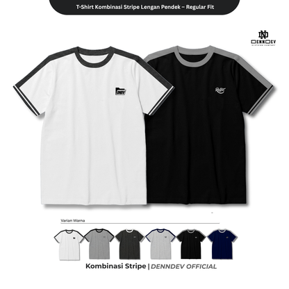 DEN N DEV | T-Shirt Kombinasi Stripe Lengan Kaos Distro Pria Wanita Cotton Tebal Asli Lokal