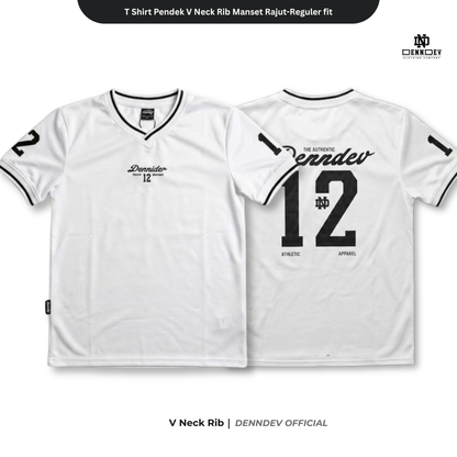 DEN N DEV - T Shirt Pendek Motif Angka V Neck Rib Manset Rajut