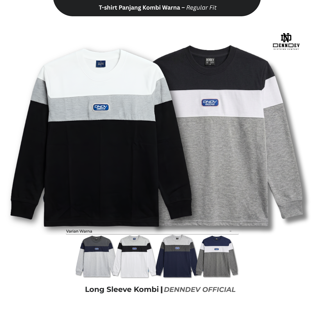 DEN N DEV | T-Shirt Panjang Kombinasi Pria Patch Bordir | Katun 20s Tebal & Adem