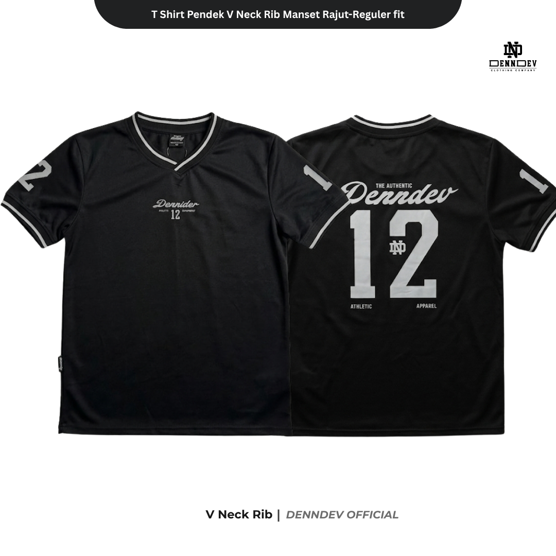 DEN N DEV - T Shirt Pendek Motif Angka V Neck Rib Manset Rajut