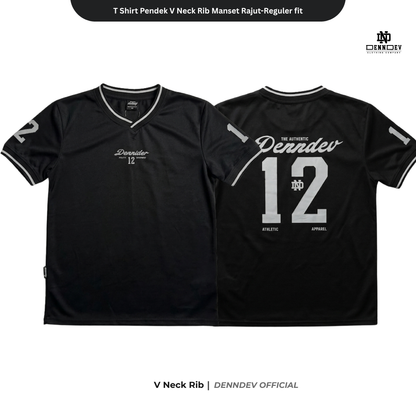 DEN N DEV - T Shirt Pendek Motif Angka V Neck Rib Manset Rajut