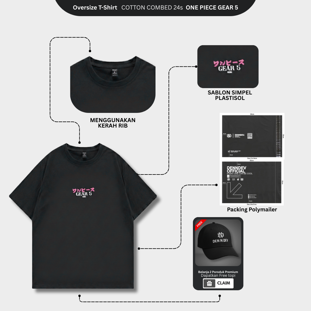 DEN N DEV PREMIUM T Shirt Koleksi Anime ONE PIECE GEAR 5 Warna Hitam Kaos Distro Pria Katun Premium