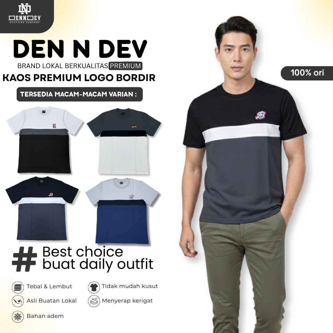 DEN N DEV | Kaos Kombinasi Lengan Pendek Logo Bordir | Cotton Combed 24s Adem & Nyaman