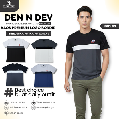 DEN N DEV | Kaos Kombinasi Lengan Pendek Logo Bordir | Cotton Combed 24s Adem & Nyaman