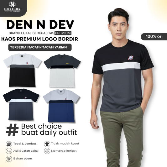 DEN N DEV | Kaos Kombinasi Lengan Pendek Logo Bordir | Cotton Combed 24s Adem & Nyaman