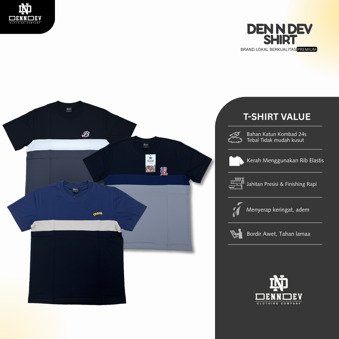 DEN N DEV | Kaos Kombinasi Lengan Pendek Logo Bordir | Cotton Combed 24s Adem & Nyaman