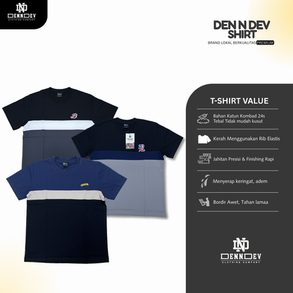 DEN N DEV | Kaos Kombinasi Lengan Pendek Logo Bordir | Cotton Combed 24s Adem & Nyaman