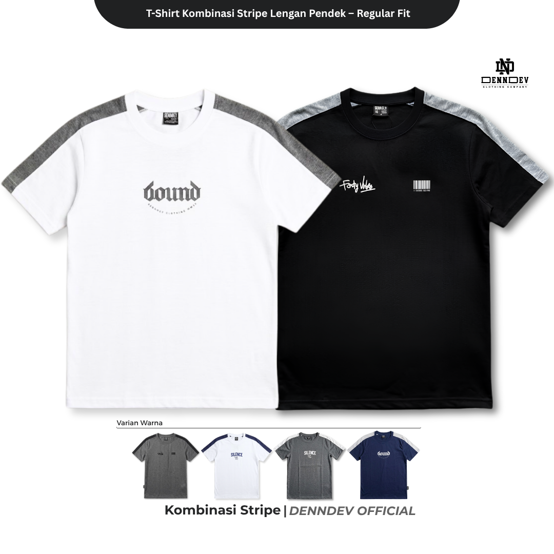 DEN N DEV Kaos Pria Stripe Kombinasi Katun 20s T-Shirt Distro Lengan Pendek Regular Fit