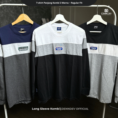 DEN N DEV | T-Shirt Panjang Kombinasi Pria Patch Bordir | Katun 20s Tebal & Adem