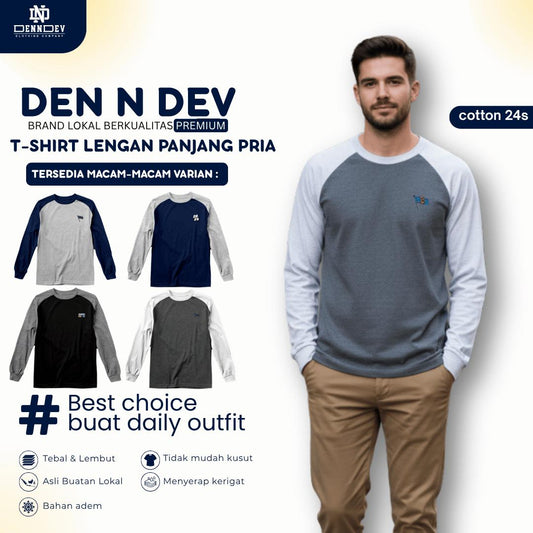 DEN N DEV | Kaos Lengan Panjang Raglan Pria Katun 20s | Kaos Cowok Sporty Casual
