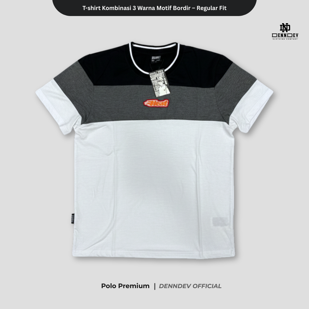DEN N DEV | Kaos Unisex Kombinasi 3 Warna Logo Bordir | T-Shirt Blok Warna Kasual Pria Wanita