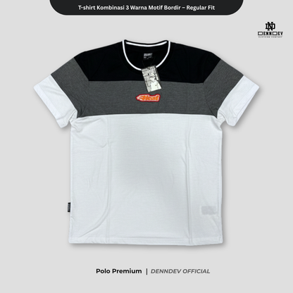 DEN N DEV | Kaos Unisex Kombinasi 3 Warna Logo Bordir | T-Shirt Blok Warna Kasual Pria Wanita