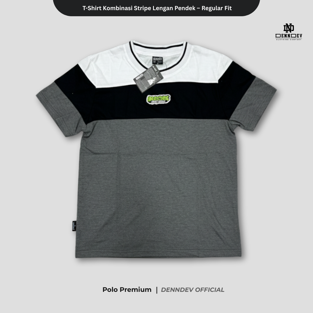DEN N DEV | Kaos Unisex Kombinasi 3 Warna Logo Bordir | T-Shirt Blok Warna Kasual Pria Wanita