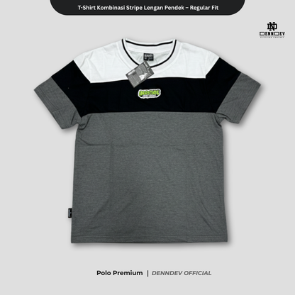 DEN N DEV | Kaos Unisex Kombinasi 3 Warna Logo Bordir | T-Shirt Blok Warna Kasual Pria Wanita