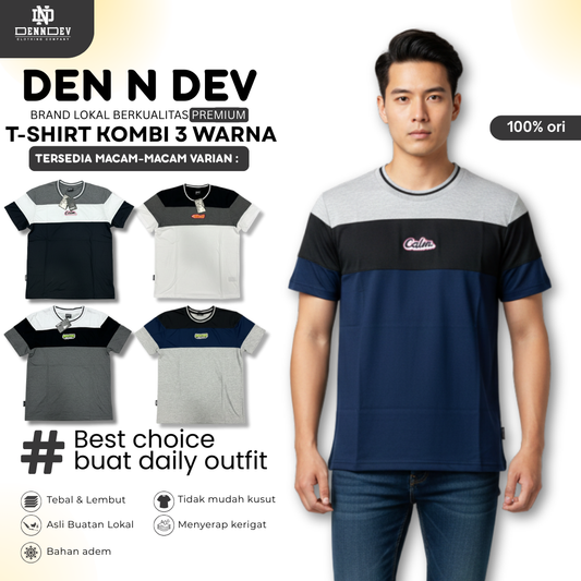 DEN N DEV | Kaos Unisex Kombinasi 3 Warna Logo Bordir | T-Shirt Blok Warna Kasual Pria Wanita