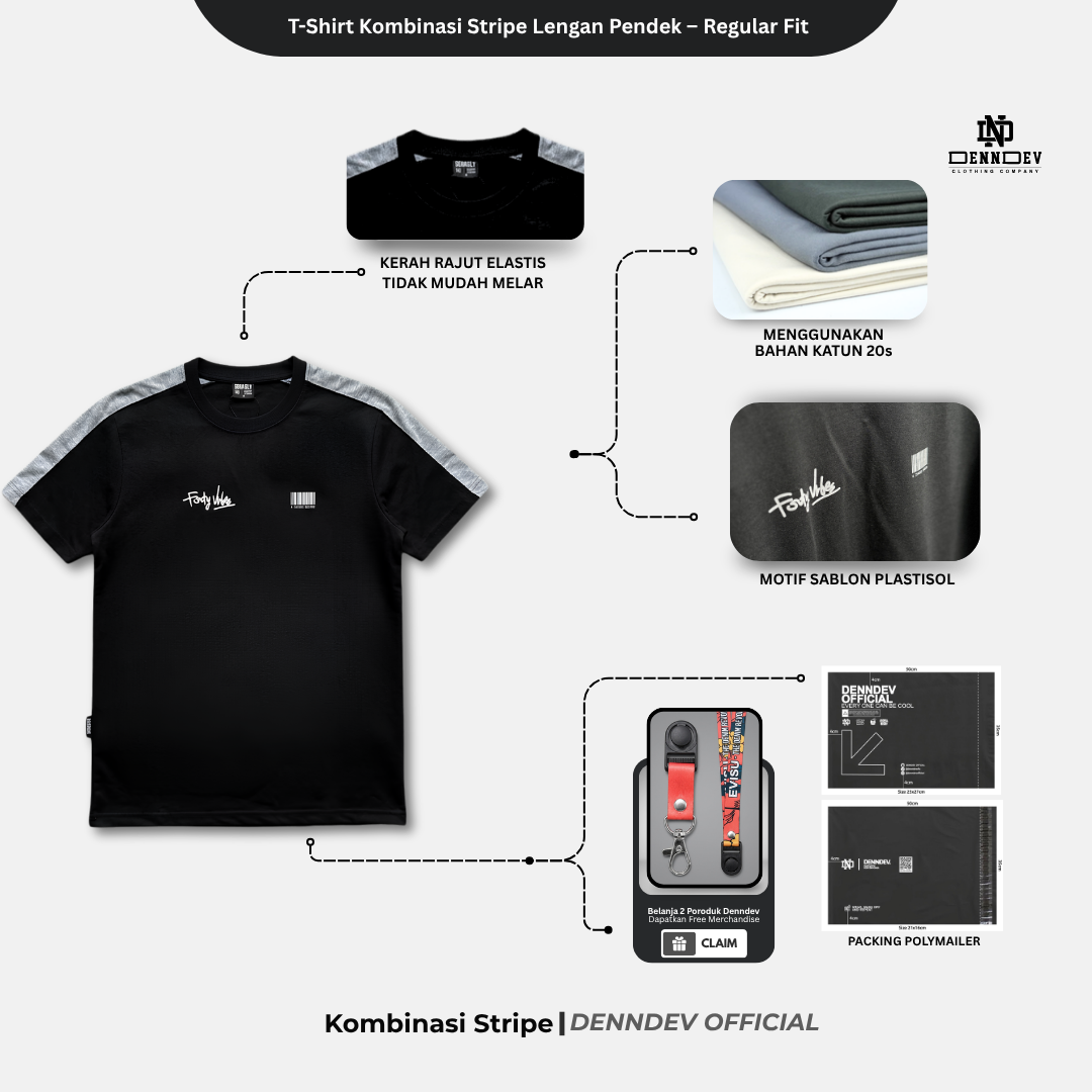 DEN N DEV Kaos Pria Stripe Kombinasi Katun 20s T-Shirt Distro Lengan Pendek Regular Fit